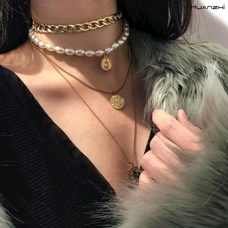 HUANZHI 2019 New Fashion Gold Color Multilayer Coin Chains Pearl Necklaces Geometric Crystal Pendants for Women | Украшения и