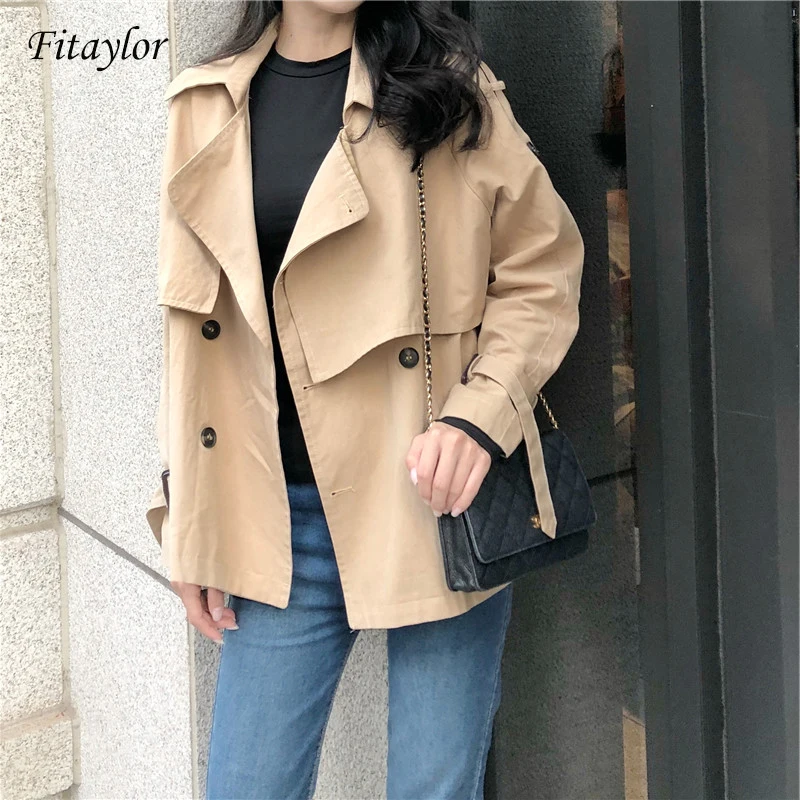 Женский двубортный Тренч Fitaylor повседневное свободное короткое пальто цвета хаки