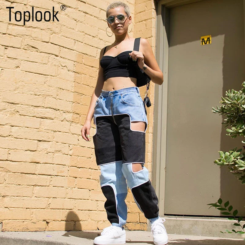 Toplook брюки Харадзюку для женщин стильный контраст цвет лоскутное выдалбливают мотобрюки отверстие уличная Капри Мода г. tuend