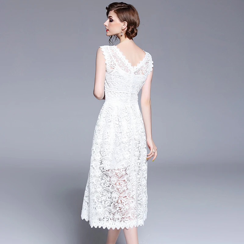 Элегантное женское летнее высококачественное белое кружевное платье без