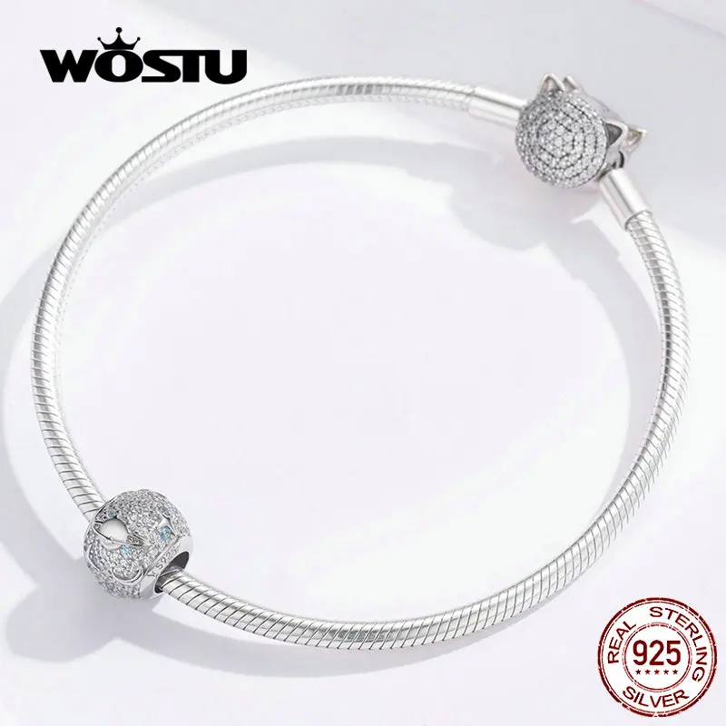 WOSTU бусины с Луной и звездами, 925 пробы, серебро, циркон, шарм, подходит для оригинального браслета, подвески, бусины для изготовления ювелирных изделий, FIC1217
