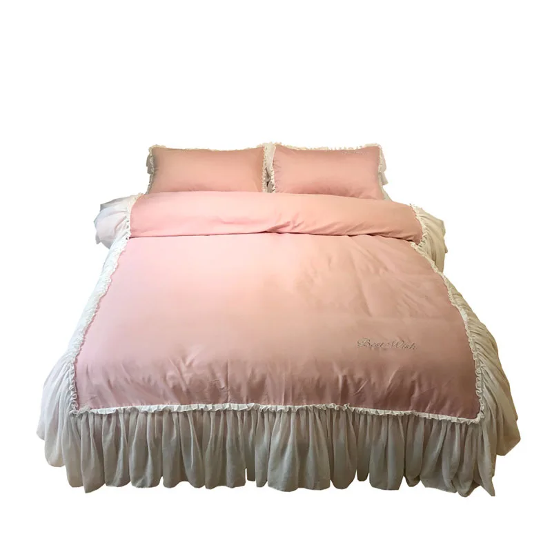 Korean version ruffled 60s long-staple cotton bedding white lace queen king quilt cover kit wedding set comforter sets | Дом и сад