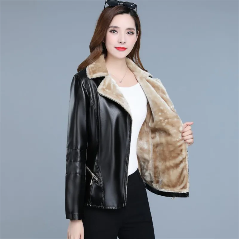 Winter Leather Jacket Women 2020 Plus Velvet Black Jackets Clothing  Short Slim Wine Red Autumn Fashion Coats LR249