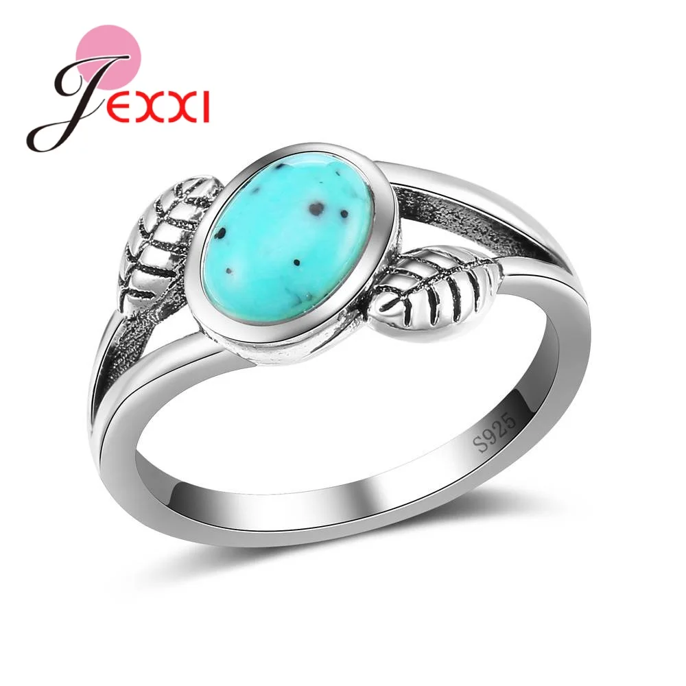 

Real 925 Sterling Silver Leaves Finger Rings Vintage Jewelry With Retro Oval Green Stones Women Girls Anel Accessories