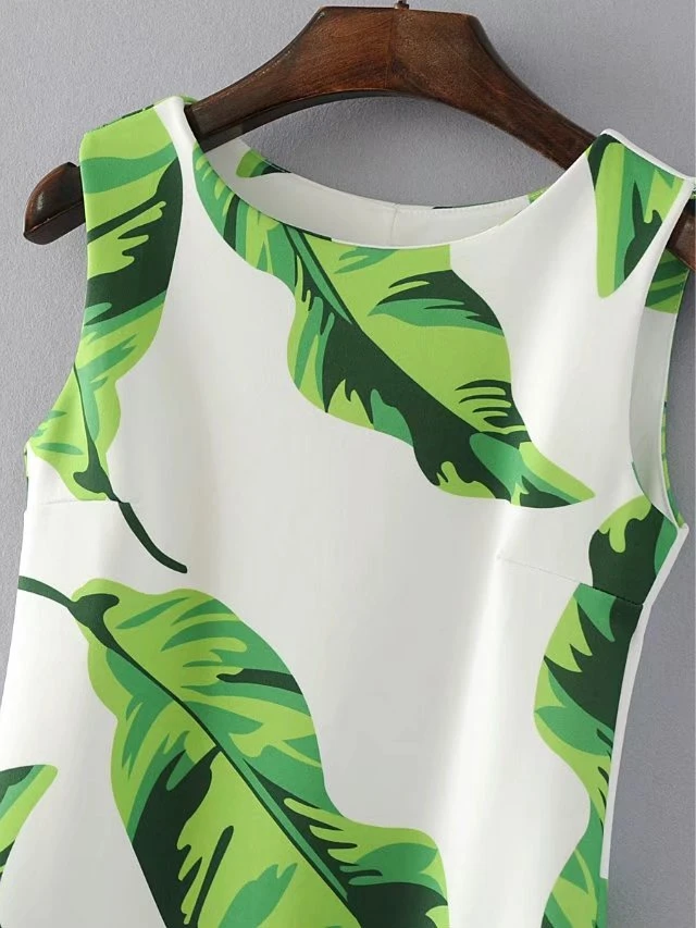 Hot Sale Summer Slim Mini Dresses Women Sleeveless Leaves Printed Elegant Party Dress Fashion Casual Vestidos BG75172-0614 | Женская