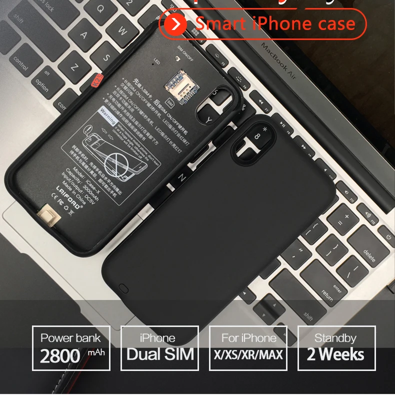 Для iPhone X/XS Dual SIM двойной режим ожидания Bluetooth адаптер резиновая рама долгое время ожидания 7 дней с 2500 мАч power Bank