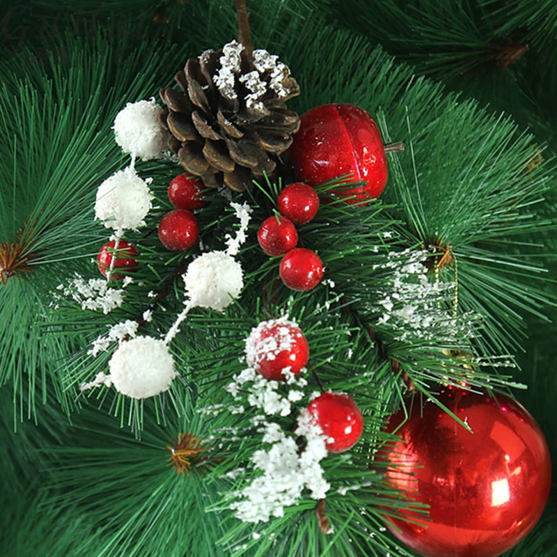 Country style Pineal Red Berries Pendants Christmas Branch Cuttings Pine Needle Sticky White Tree Decoration | Дом и сад