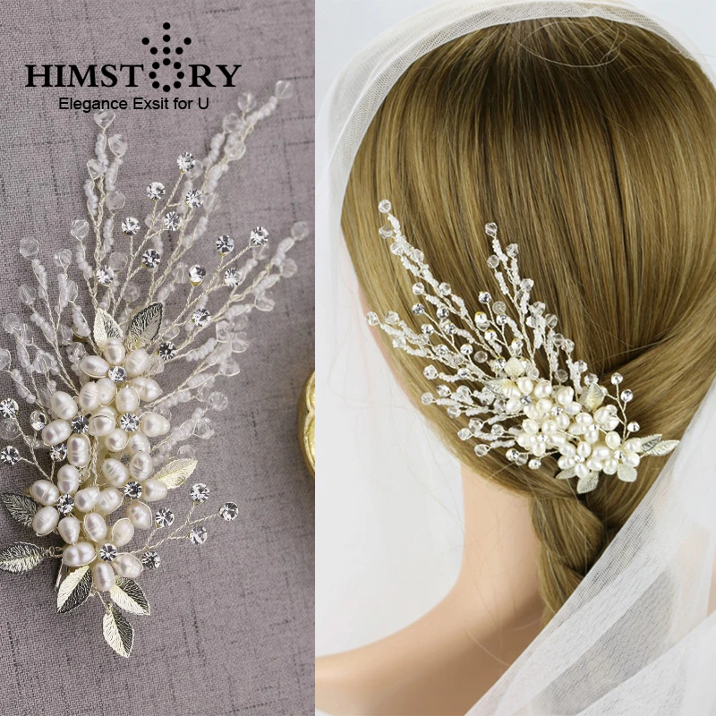 

HIMSTORY Handmade Wedding Hair Accessories Clips Freshwater Pearl Flower Leaf Hairpin Rhinestone Tiara Bridal Hair Jewelry