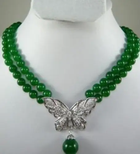

Beautiful 2 row green jade Butterfly Pendant necklace