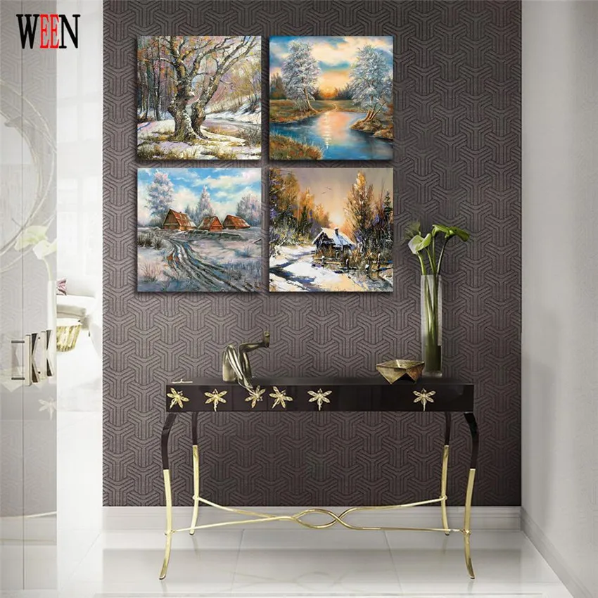 

Обрамлении Снежный пейзаж Куадрос картина на стену для Гостиная 4 шт. Современная живопись на холсте искусство непосредств