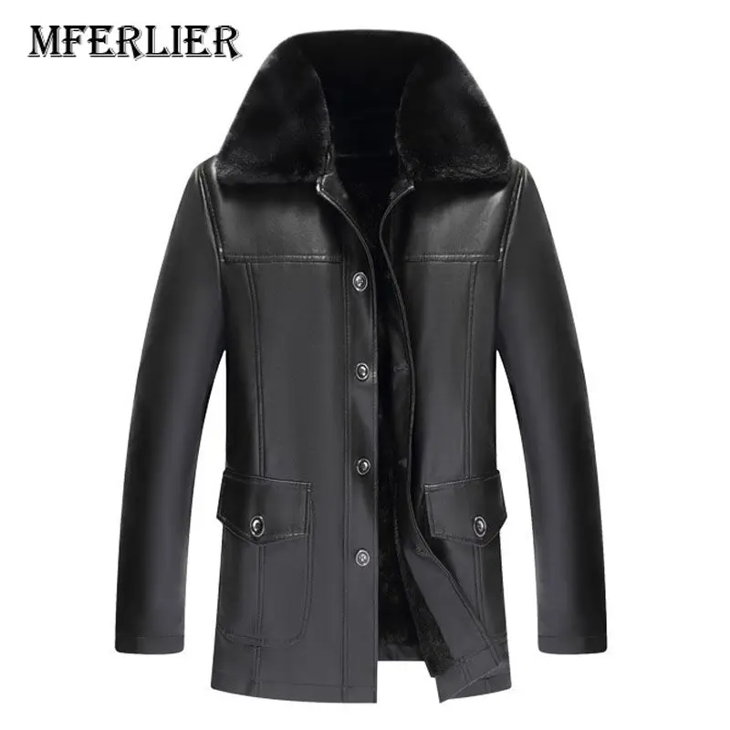 Black(Inner black) MFERLIER, зимние кожаные куртки для мужчин, большие размеры, 5XL, 6XL, 7XL, длинные рукава, флис, свободные, плюс размер, мужские куртки, 2 цвета - Цвет: Black(Inner black)