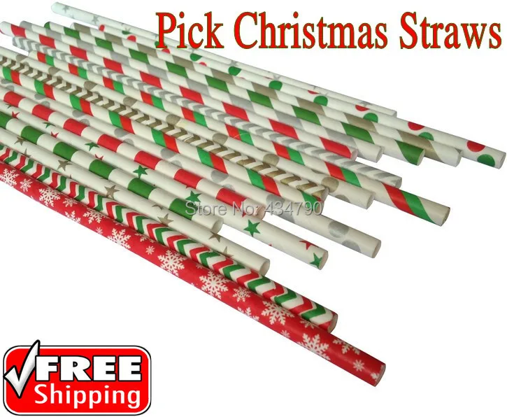 

200pcs Pick Your Colors Christmas Paper Straws Party Green,Red,Gold,Silver,Deep Blue Snowflake Striped Polka Dot Chevron Star