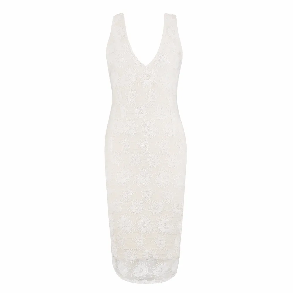 

Sexy Lace V-Neck Sleeveless Fashion Rayon Slip Bandage Dress Celebrity Bodycon Party Dress