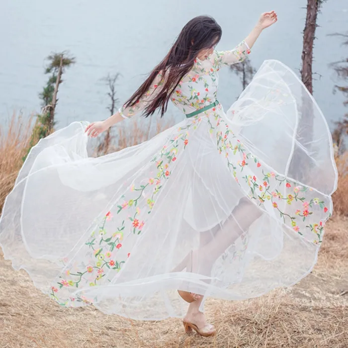 Новый белый three квартал рукава о-образным вырезом вышивка кружева длинные dress