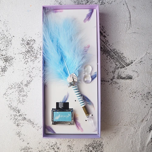 Blue fluffy hair JUGAL Милая перьевая Стеклянная Ручка Dip Pen Золотая пудра чернила высокого класса Подарочная коробка набор перьевых ручек школьные принадлежности для письма товары для творчества - Цвет: Blue fluffy hair