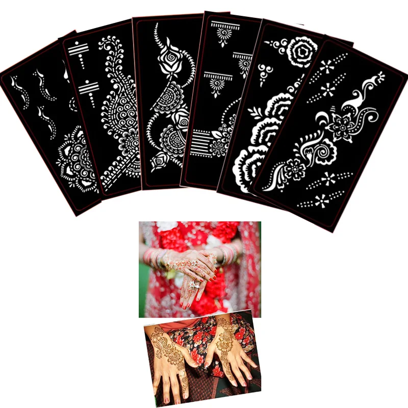 6 sheets 6pcs/Set Henna Tattoo Stencil Mehndi Aribrush Templates for Women Body Paint Indian Tattoo Stickers New Designs Kit 6 Patterns - Цвет: 6 sheets