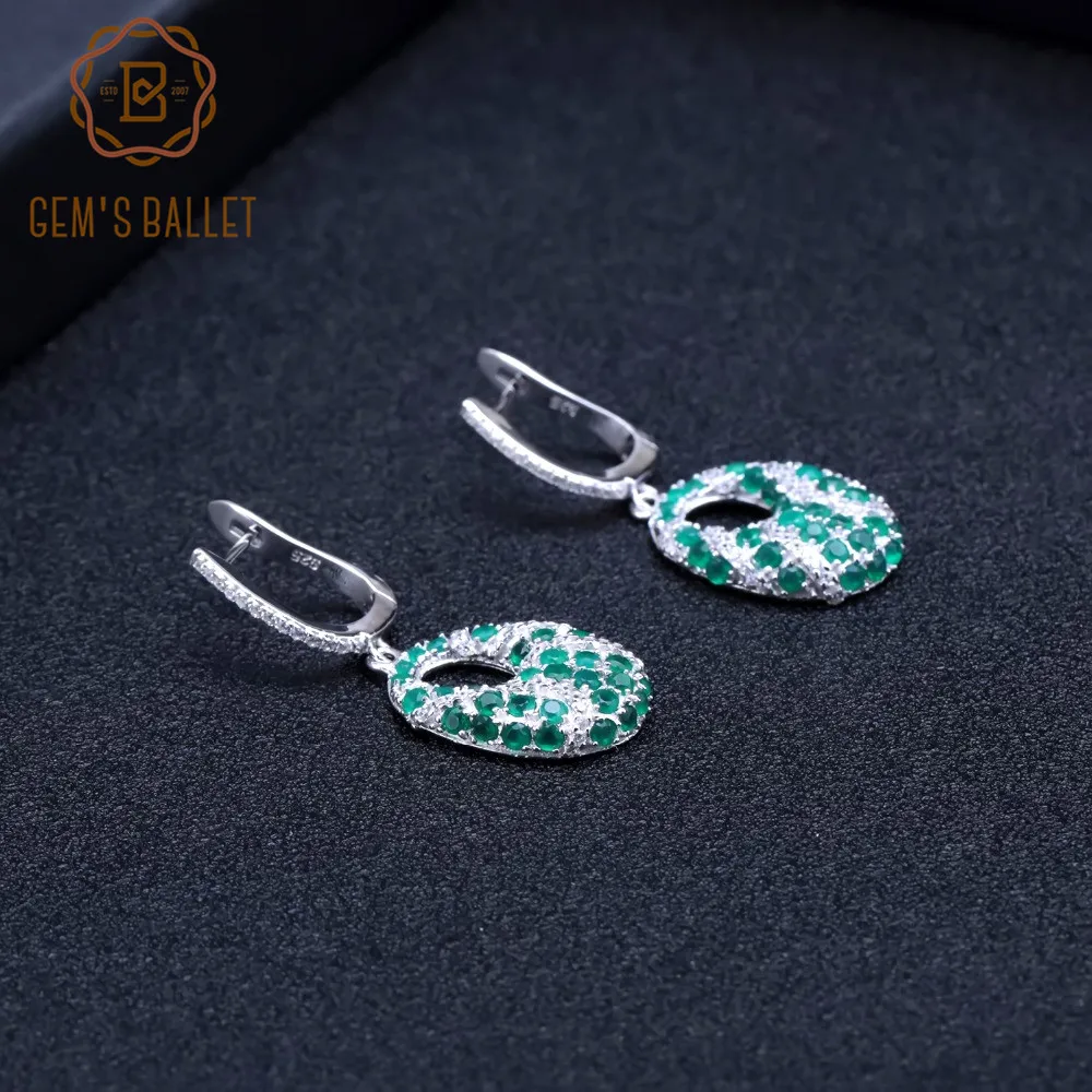 Женские овальные серьги GEM'S натуральный зеленый агат камень Стерлинговое