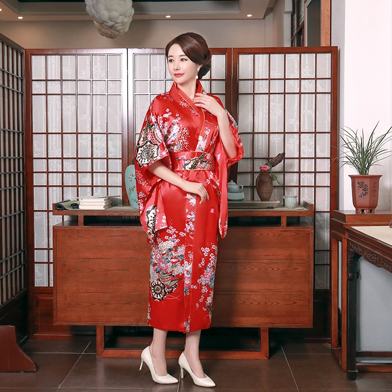 

Red Print Wheel Kimono Bathrobe Gown National Summer Yukata Female Sexy Kimono Yukata Japanese Style Cosplay Costume One Size