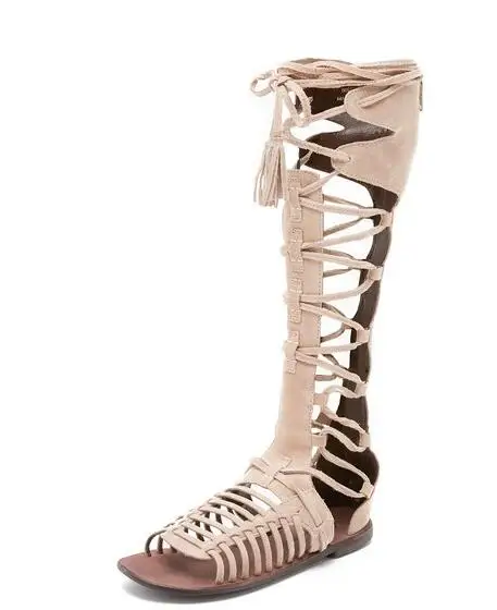Hot Selling Brown Suede Lace-up Flat Sandals Boots Cut-out Tie Cross Strappy For Women Back Zipper Summer Beach Shoes | Обувь