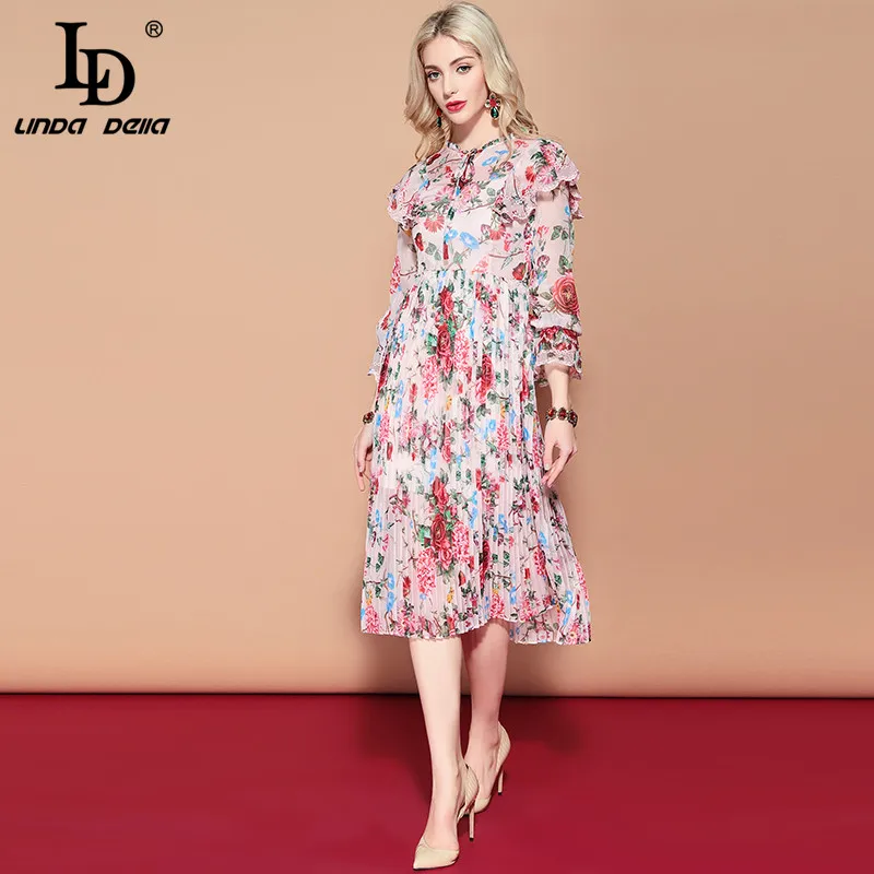 Женское платье с длинным рукавом LD LINDA DELLA винтажное плиссированное из шифона