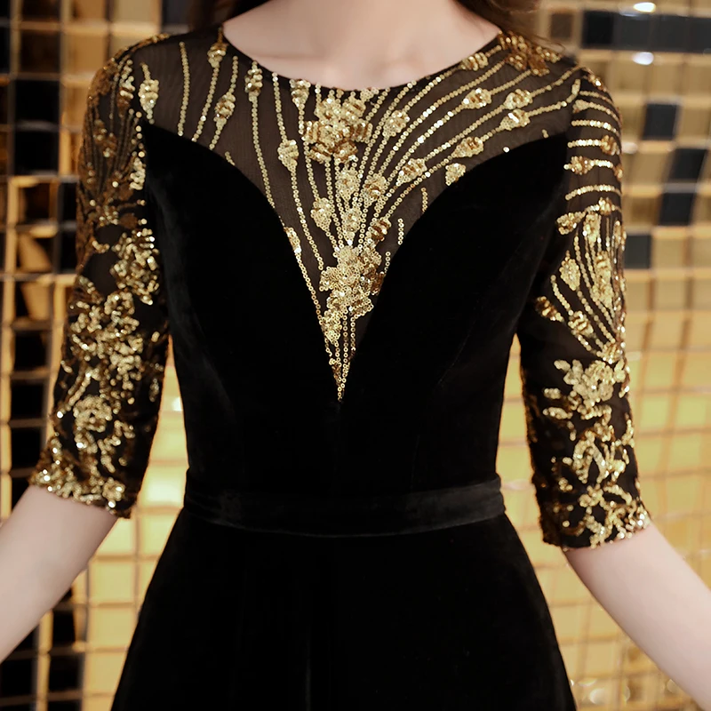 Robe de soiree черный велюр вечерние платья с круглым вырезом дизайн элегантное расшитое блестками длинное в пол бархатные вечерние платья LYFY93