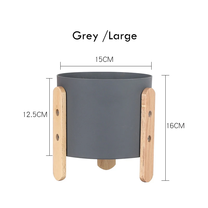 Grey L 1pc Macaron Color Flowerpot Iron Planter Pot with Wooden Stand Home Decor Craft Green Plant Pot with Hole - Цвет: Grey L
