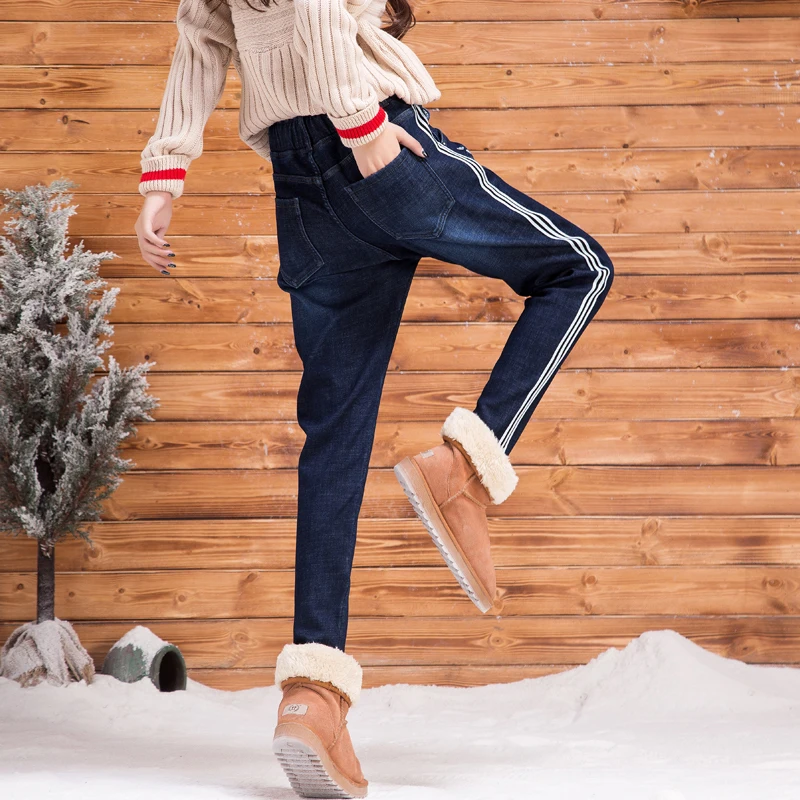 SHINYMORA 2017 новые модные женские утолщенные теплые джинсы со шнуровкой по бокам в