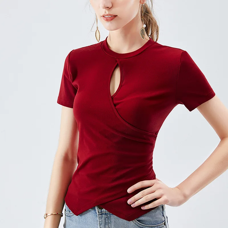 Женская Асимметричная футболка с короткими рукавами красная скошенная рубашка в