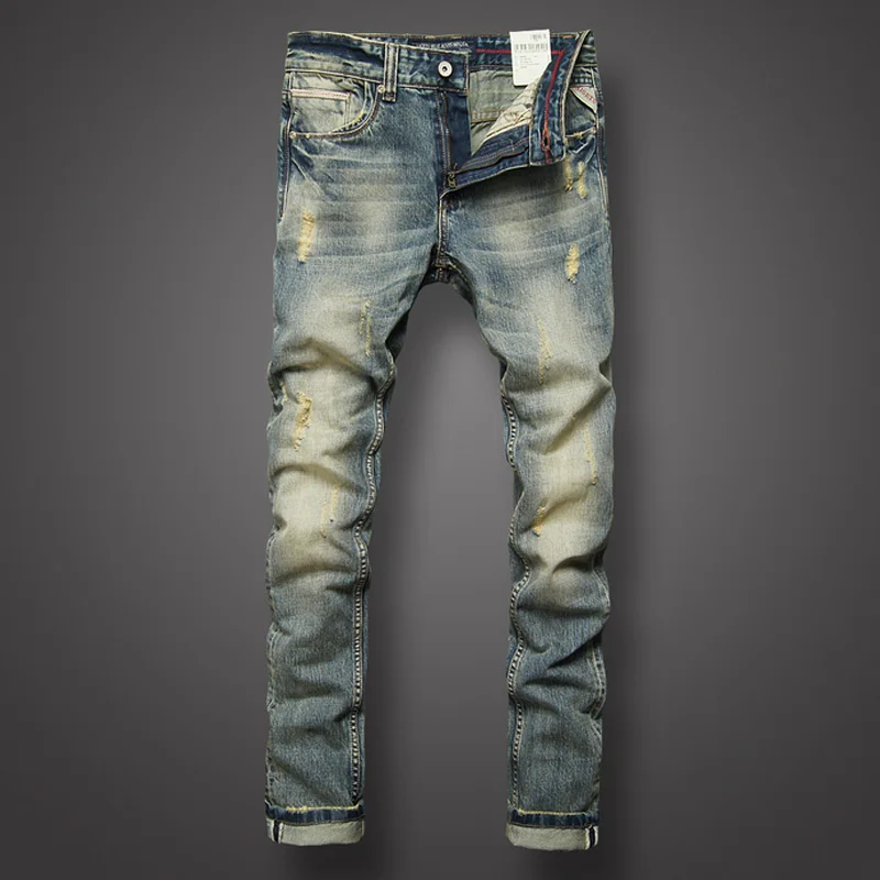 Джинсы мужские рваные в стиле ретро модные брюки Slim Fit из денима винтажные