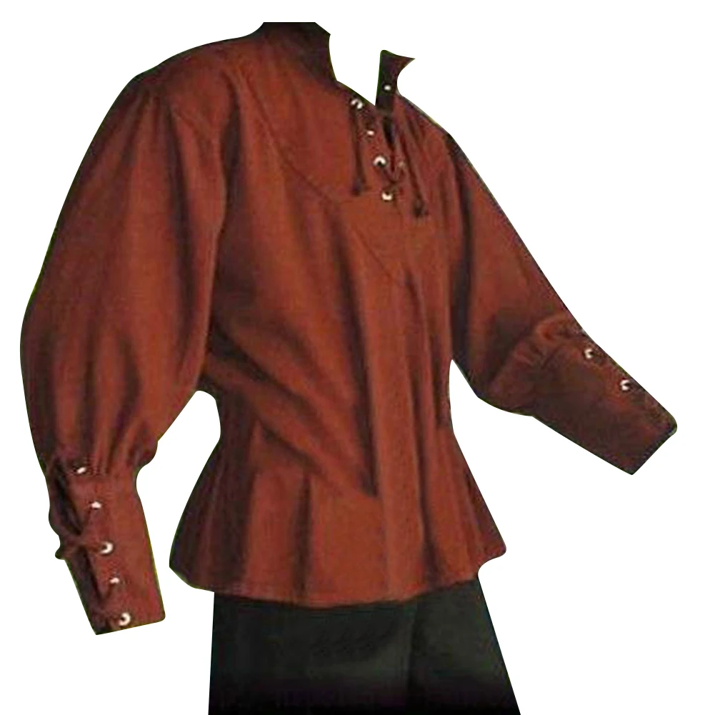 Средневековая мужская рубашка однотонный бандаж стоячий воротник рыцарский Топ