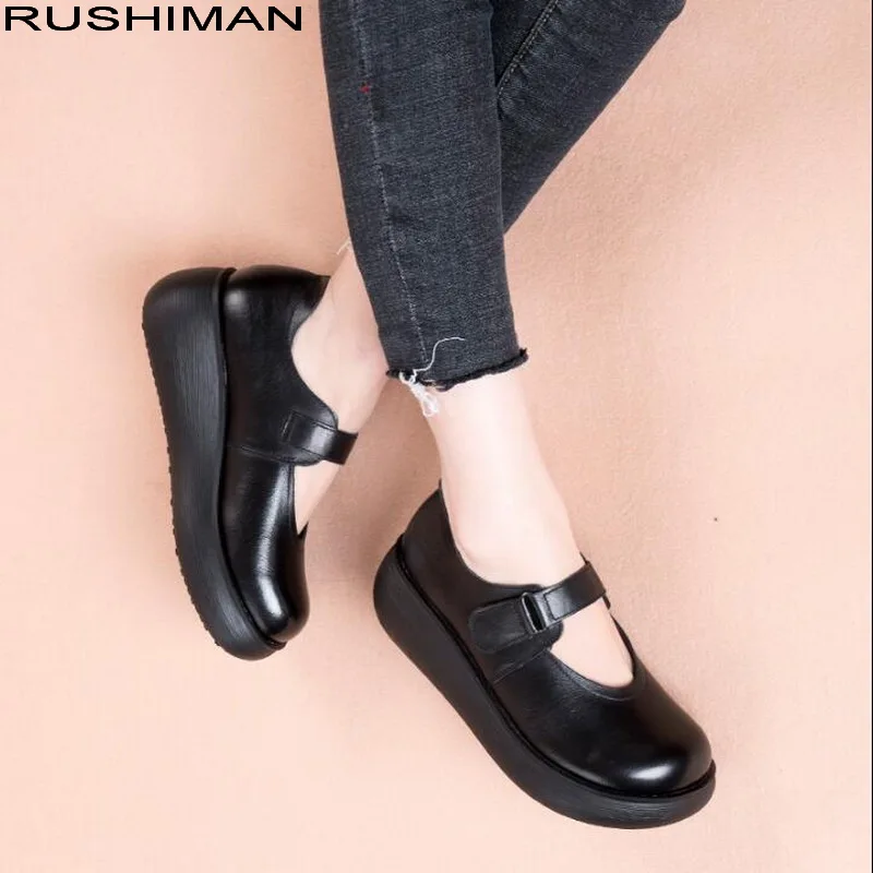 RUSHIMAN Flat Platform Woman Shoe Handmade Genuine Leather Flats literary vintage Soft Comfortable Shoes For Women Ladies Shoes