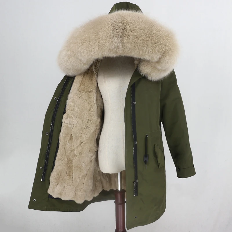 green beige Женская меховая куртка OFTBUY, водонепроницаемая парка песочного цвета с подкладкой из натурального кроличьего меха, с меховой отделкой на капюшоне, верхняя одежда зима - Цвет: green beige