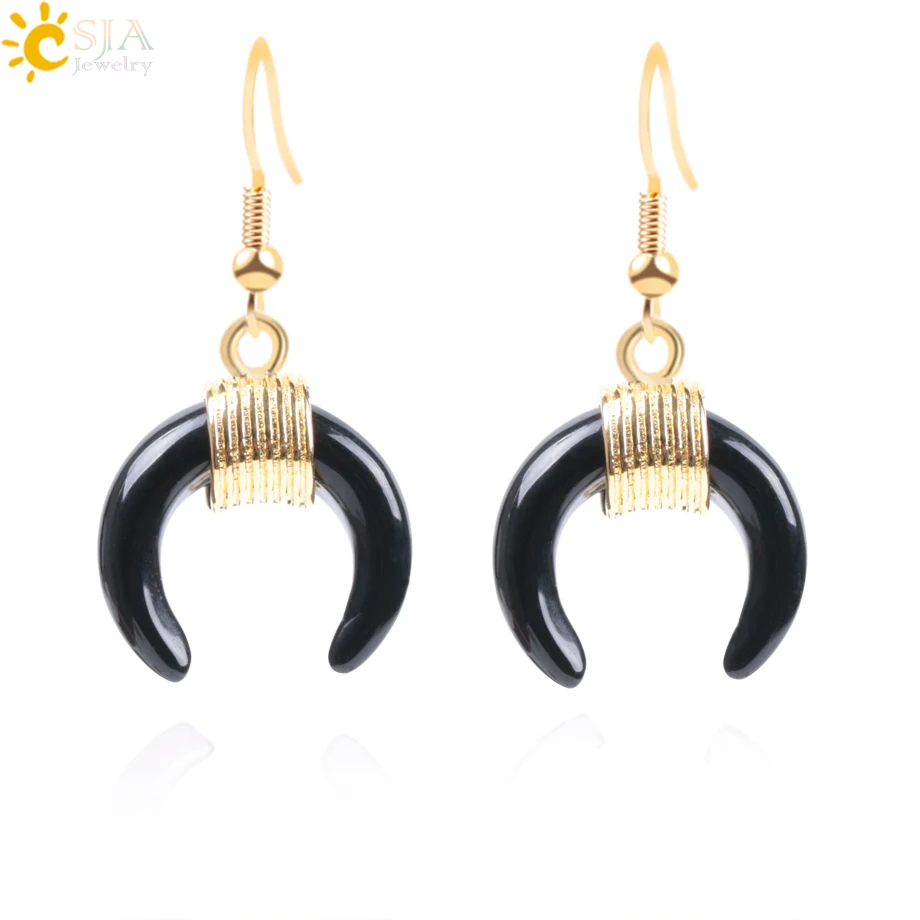 Black Onyx CSJA натуральный камень полумесяц половина серьга в форме Луны золотой цвет проволоки завернутый фиолетовый розовый с кварцевым тигровым глазом DIY ювелирные изделия ручной работы F062 - Окраска металла: Black Onyx
