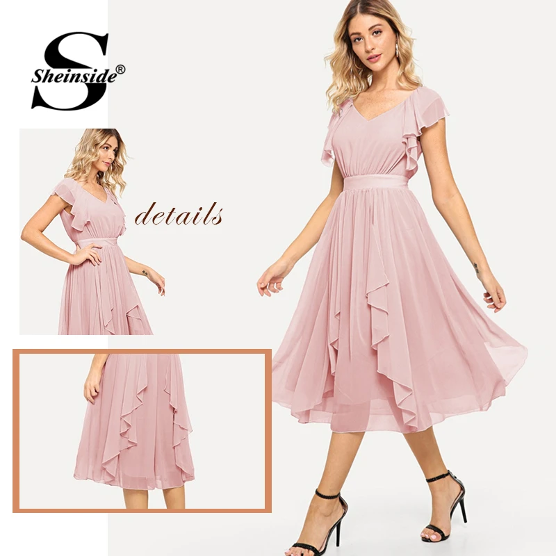 Sheinside, розовое, элегантное, с оборками, платье, для женщин, с высокой талией, на молнии, платье миди,, летнее, v-образный вырез, без рукавов, одноцветное, Драпированное, платья