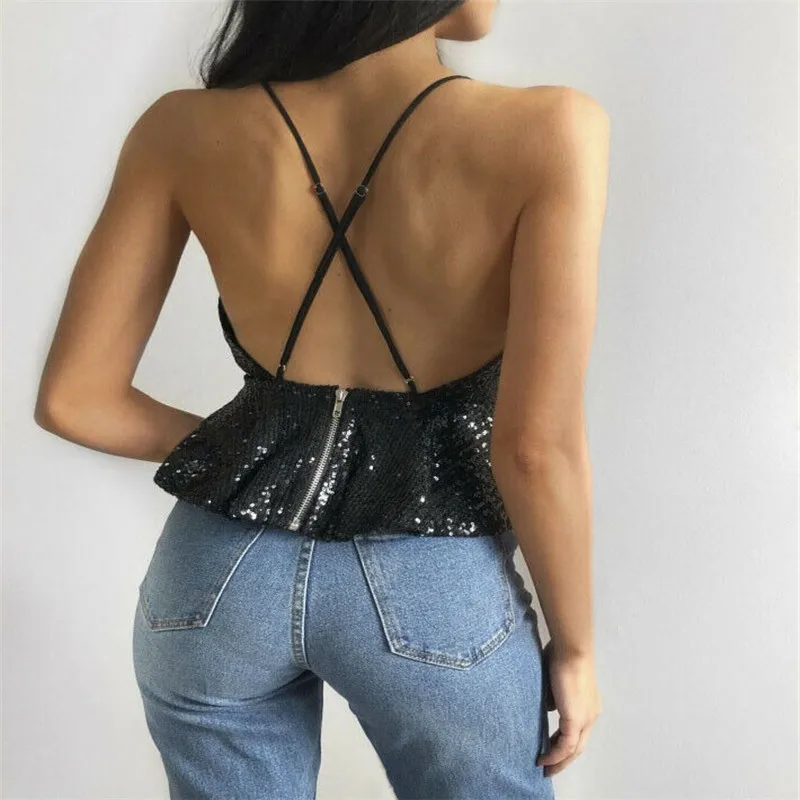 New Summer Sexy Fashion Women's Shiny Sequined Camisole Sleeveless Cross Straps Ruffled Short Paragraph Navel Loose Vest | Женская