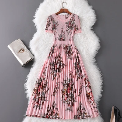 Розовый Элегантное летнее дизайнерское платье Женская мода vestidos de verano короткий рукав цветочный принт размера плюс розовые плиссированные платья - Цвет: Розовый