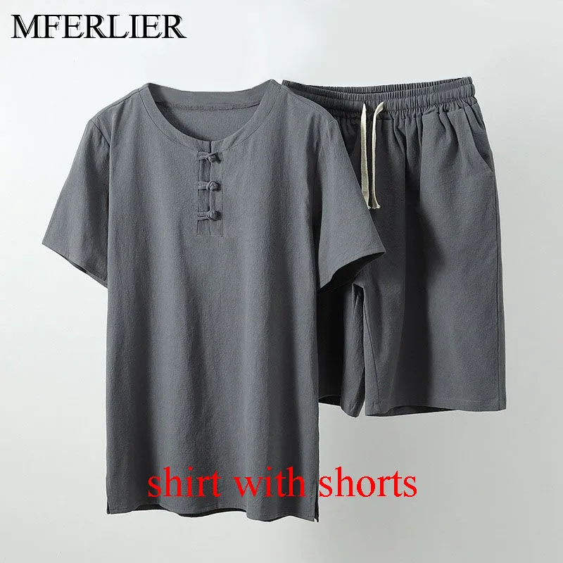 Gray with shorts MFERLIER Летняя мужская рубашка 5XL 6XL 7XL 8XL 9XL 10XL бюст 157-162 см размера плюс льняная рубашка большого размера с шортами Мужская 5 цветов - Цвет: Gray with shorts
