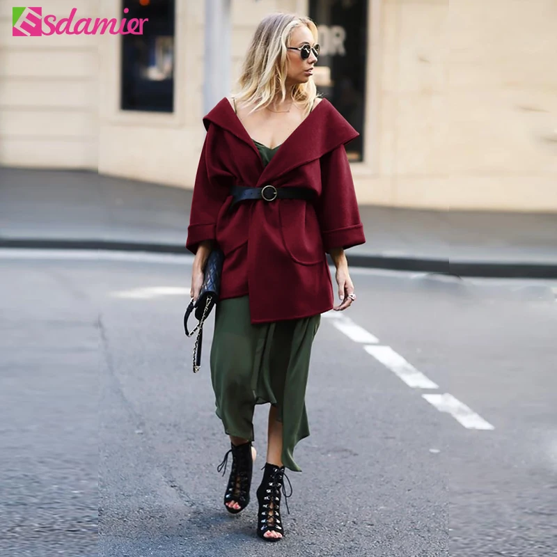 Женское шерстяное пальто ESDAMIER Осеннее свободное повседневное с коротким рукавом