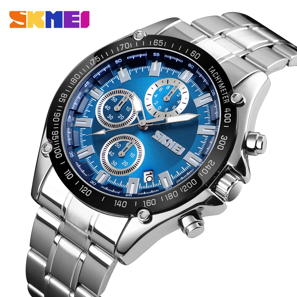 Blue Silvery SKMEI, кварцевые часы для мужчин, ремешок из нержавеющей стали, водонепроницаемые часы, часы с датой, мужские Модные Повседневные спортивные часы, relogio masculino 1393 - Цвет: Blue Silvery