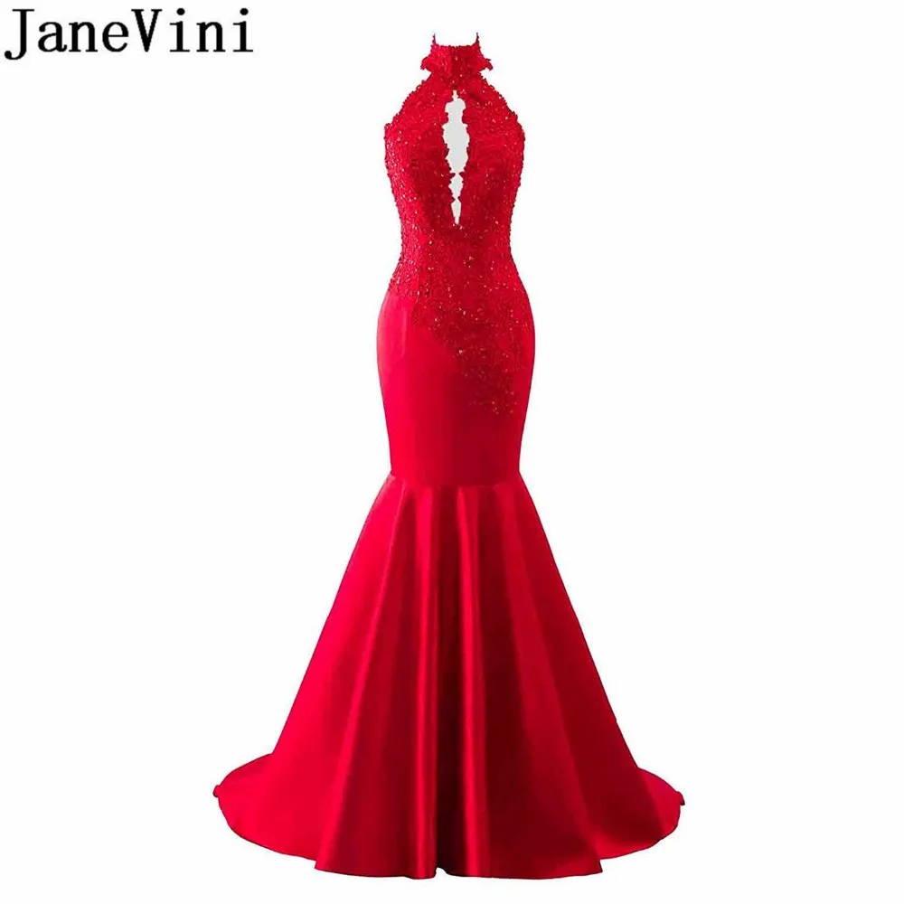 

JaneVini, 2019, бордовые платья для подружки невесты, длинные, африканские, сексуальные, с лямкой на шее, с высоким воротом, бисером, кружевные плат...