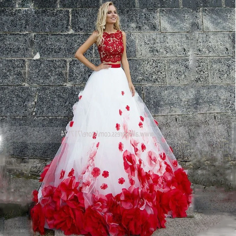 

Scoop Neckline Two Piece Lace & Tulle Sleeveless Wedding Dress with 3D-flowers Sweep Train Ball Gown Bridal Dress