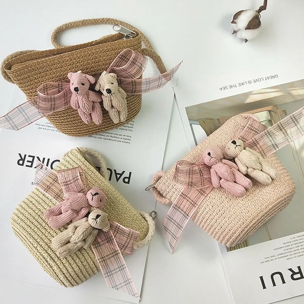 Милая соломенная сумка для девочек через плечо из ротанга Детская Kawaii летняя