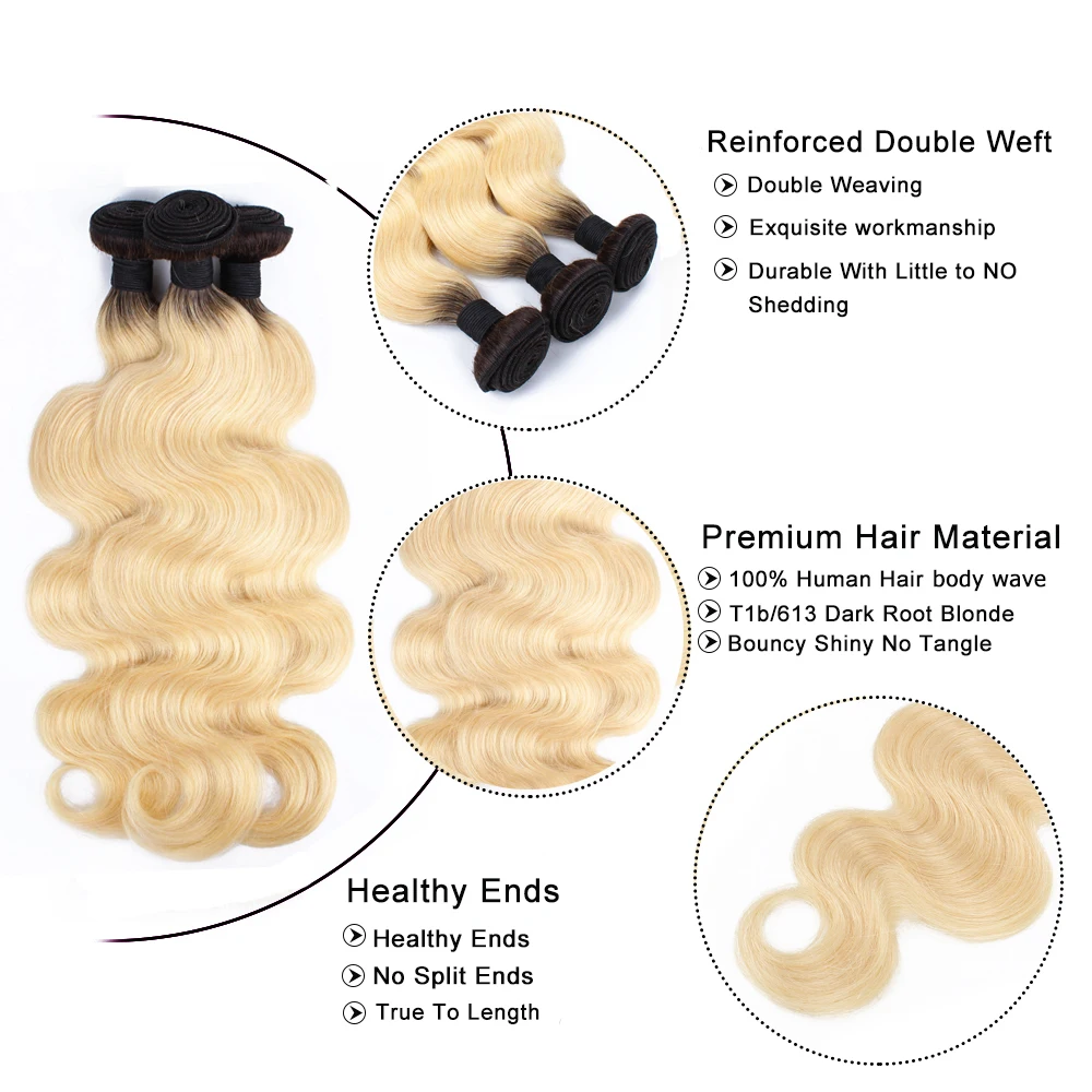 Bobbi Collection 1 Bundle T 1B 613 Dark Root Platinum Blonde Brazilian Body Wave Hair Ombre Weave Remy Human Extension | Шиньоны и