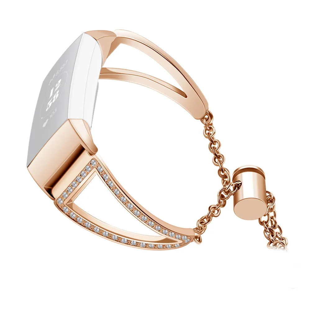 Rose Gold Нержавеющая сталь и блестящий хрустальный камень ковбойский стиль часы ремешок для Fitbit Versa ремешок на запястье Замена Ремешки для наручных часов браслет - Цвет: Rose Gold