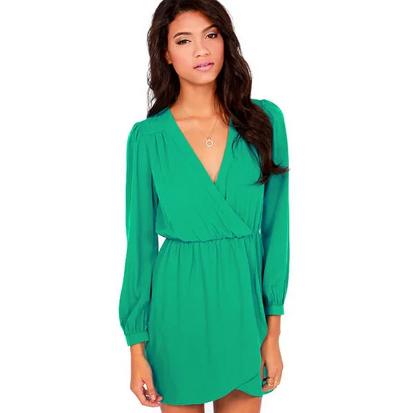 Deep V-neck Elastic Material Long-Sleeve Above-knee Chiffon Dress Casual Summer Waist Womens summer dresses 2015 Autumn | Женская одежда
