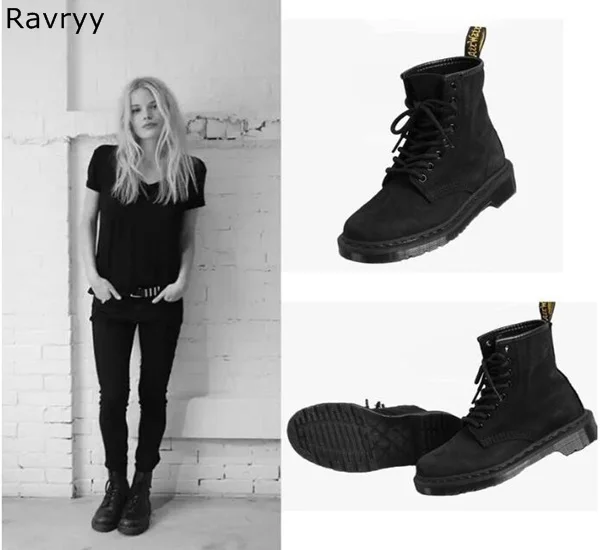 Осенние модные женские ботильоны из черной замши Короткие ботинки на плоской