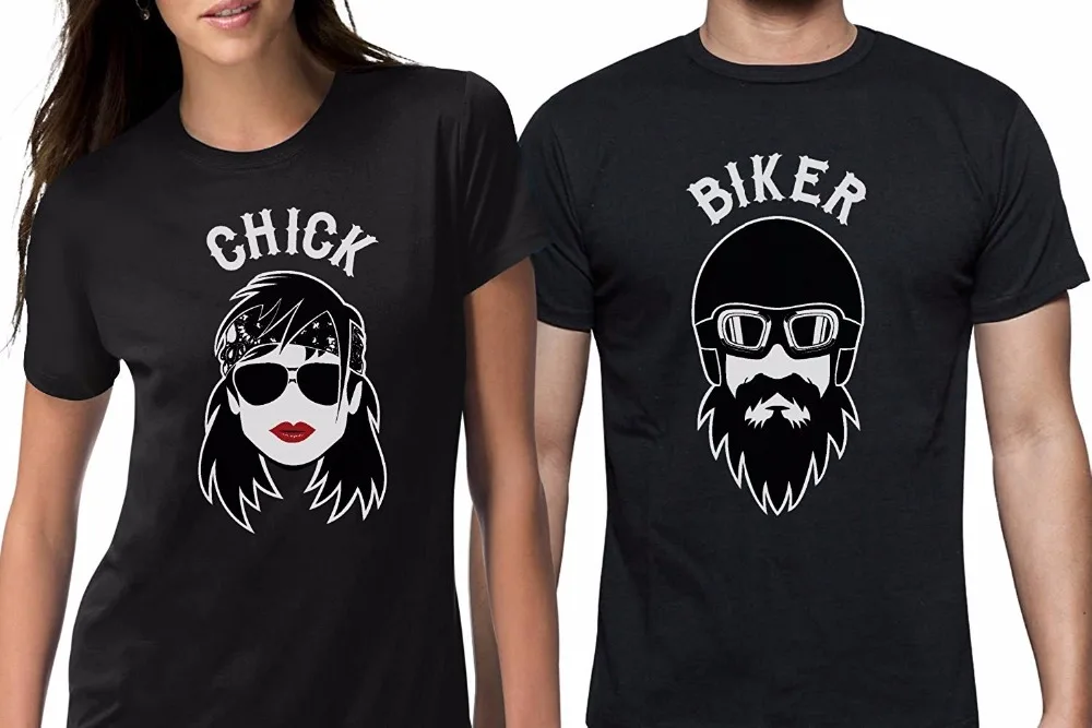 

2019 Biker & Chick - Matching Couple Gift for Bikers Motorcycle Riders T-Shirt Classical Solid Color Short Sleeve Loose T shirt