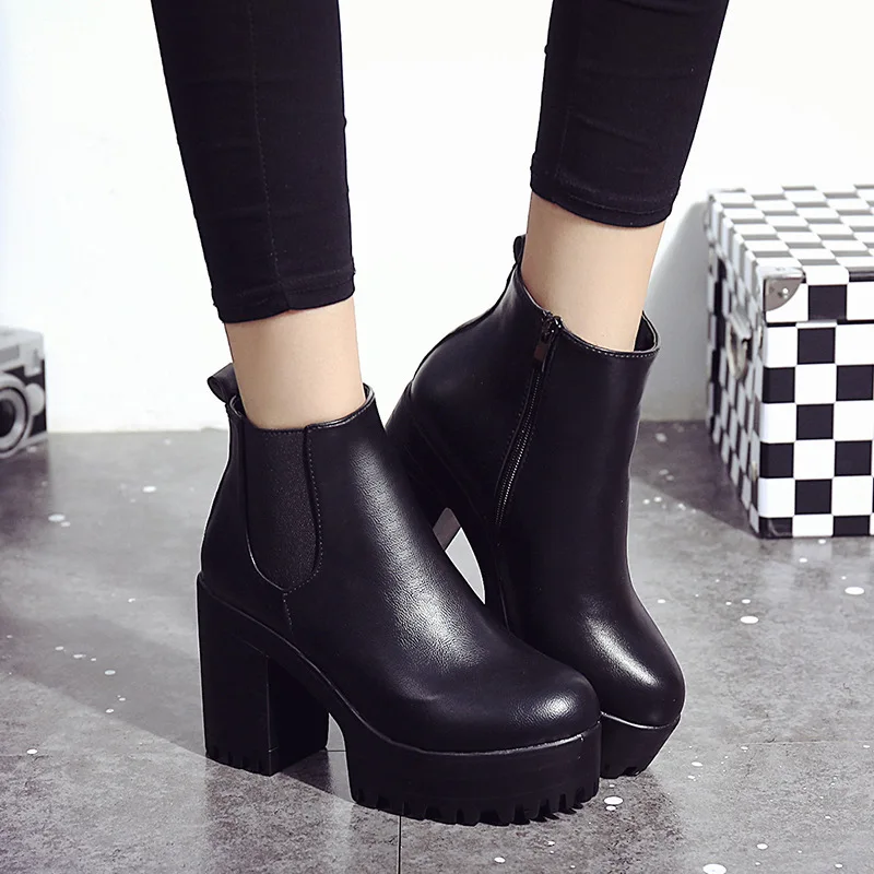 

Women Boots Shoes PU Leather Round Toe Zipper 10cm Thick High Heels Waterproof Platform Sexy Female Pumps Martin Booties Shoes