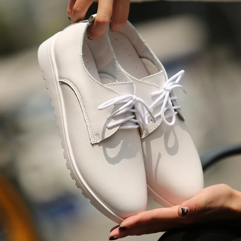 Женская Повседневная обувь из натуральной кожи на шнуровке Мокасины с круглым