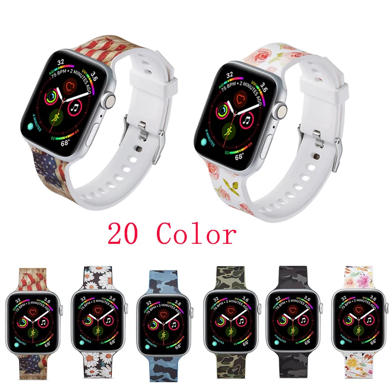 Сменный силиконовый ремешок для Apple Watch браслет с цветочным принтом iwatch 5 3 2 38 42 мм 4